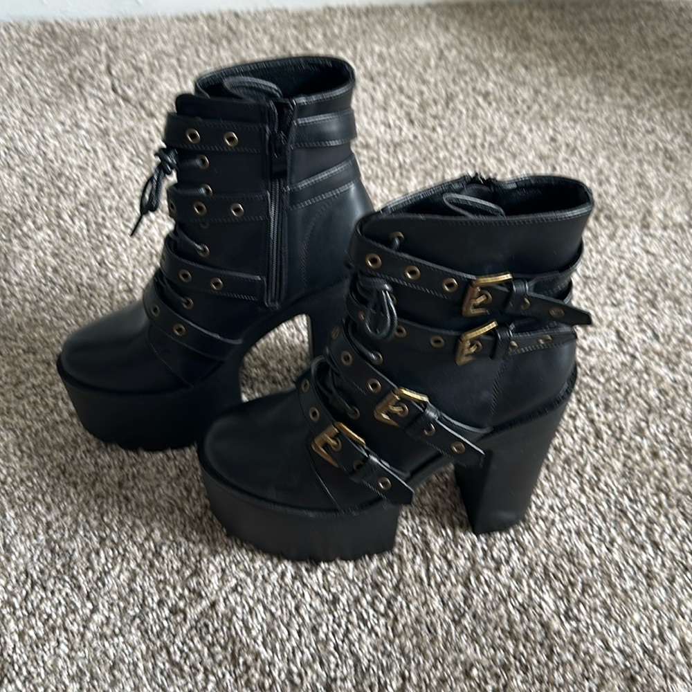 Black platform heels, gothic style, brass hardware